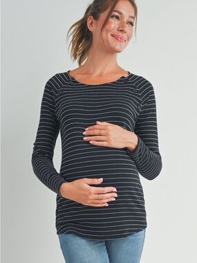 Striped Round Neck Nursing Top with Button Detail Hello Miz